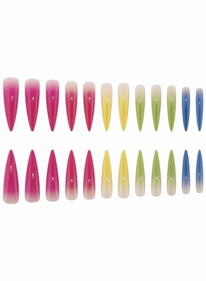 MISUD Press on Nails - Long Stiletto Glue on Nails with Summer Colorful, Acrylic Rainbow Design 24 pcs - Image 2